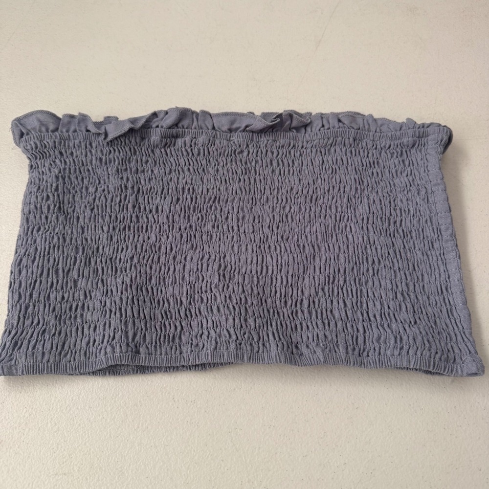 Womens M Smocked Tube‎ tube Top Linen Blue Strapless Bandeau Ruffle coquette y2k - Picture 2 of 6